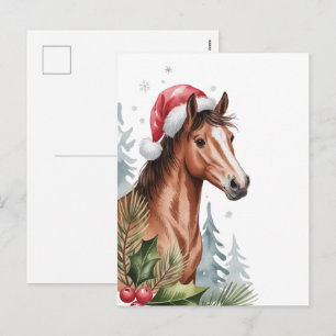 Weihnachtspony mit Weihnachtsmannmütze Feiertagspostkarte