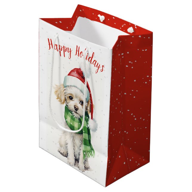 Weihnachtspoodle in Schneeflocken Mittlere Geschenktüte (Vorderseite Schrägansicht)