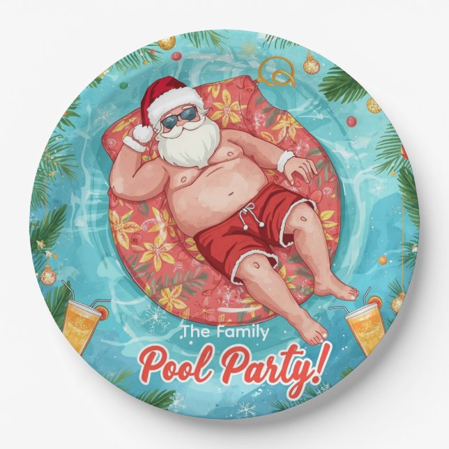 Weihnachtspoolparty mit dem Weihnachtsmann  Pappteller (Vorderseite)