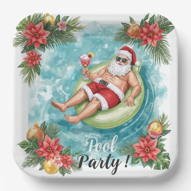 Weihnachtspoolparty mit dem Weihnachtsmann  Pappteller (Vorderseite)