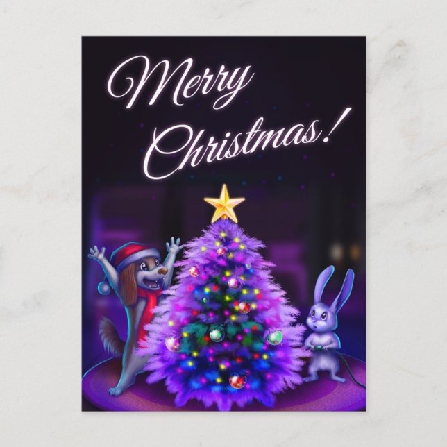 Weihnachtspostkarte mit niedlichen Tieren Postkarte (Vorderseite)