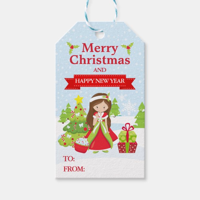 Weihnachtsprinzessin mit Brünetten Haaren Geschenkanhänger (Vorderseite)