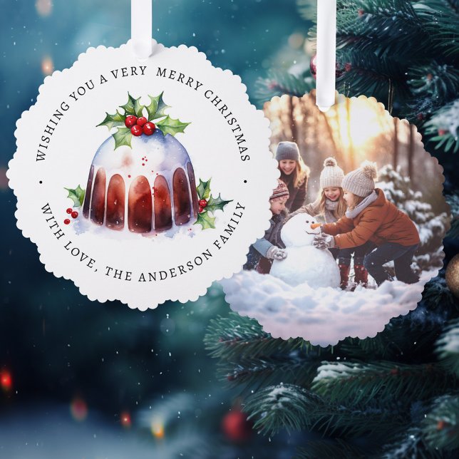 Weihnachtspudding Heilige Beeren Aquarell Foto Ornament Karte (Christmas pudding holly berries watercolor photo ornament card)