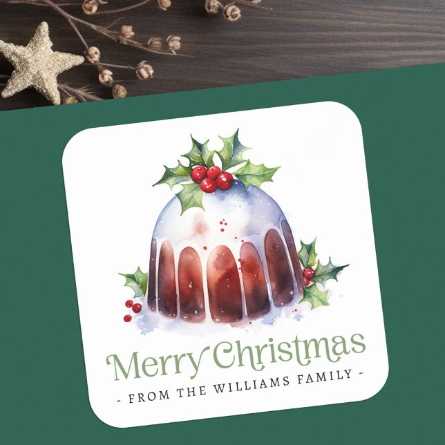 Weihnachtspudding Heilige Beeren Aquarell Quadratischer Aufkleber (Christmas pudding holly berries watercolor square sticker)