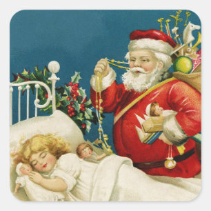 Weihnachtsquadrat mit Santa und schlafendem Mädche Quadratischer Aufkleber