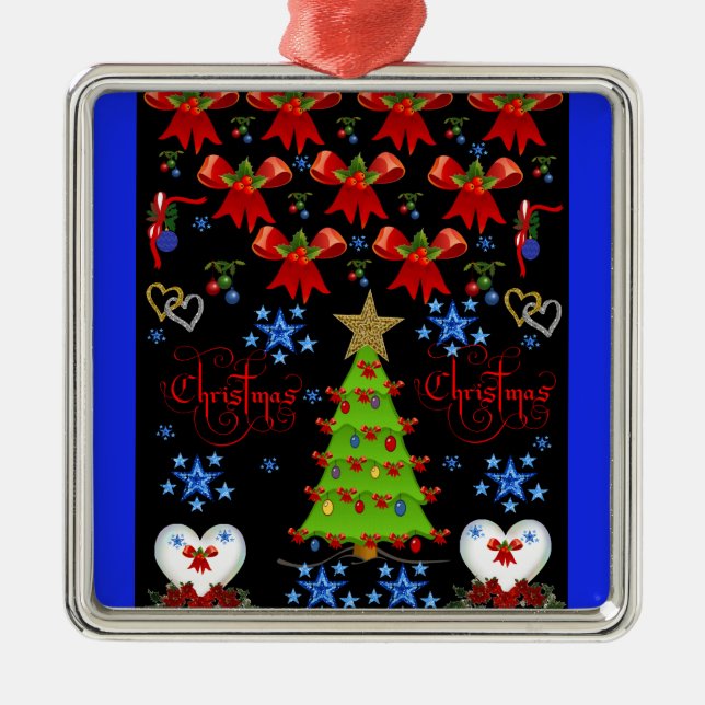 Weihnachtsquadrat Premium-Ornament schwarz Silbernes Ornament (Vorne)