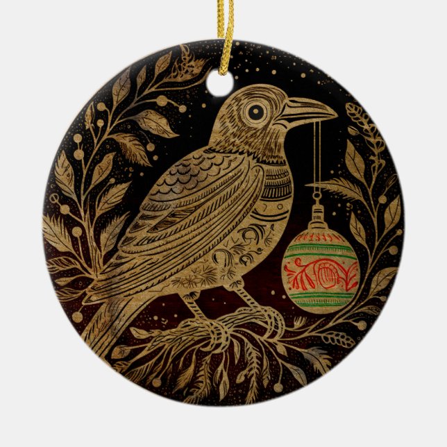 Weihnachtsraven im Holzschnitt mit Ornament (Vorne)