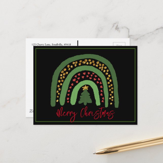Weihnachtsregenbogen Glitzer Rot Gold Grün Postkarte (Vorderseite/Rückseite Beispiel)