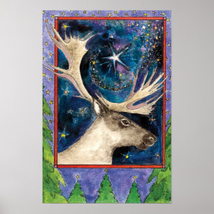 Weihnachtsrenne am Nacht mit einem leuchtenden Ste Poster