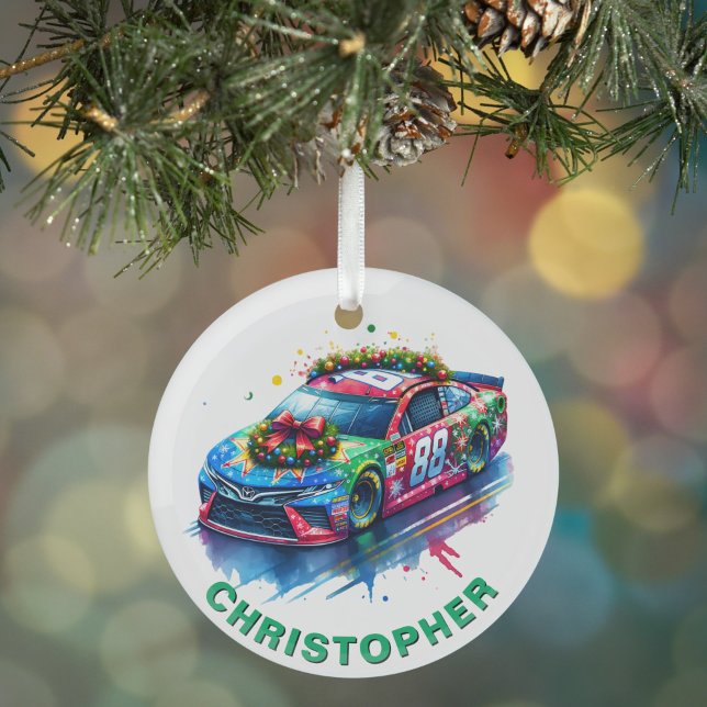 Weihnachtsrennen Auto Racing Fan Individuelle Name Ornament Aus Glas (Von Creator hochgeladen)