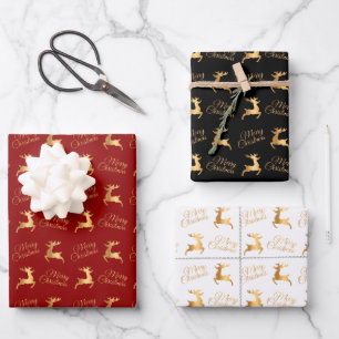 Weihnachtsrentier auf Rot, Schwarz und Weiß Geschenkpapier Set