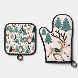 Weihnachtsrentiere & Gnome Ofenhandschuh & Topflappen-Set