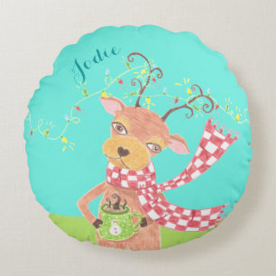 Weihnachtsrentiere personalisiertes Kind rundes Ki Rundes Kissen