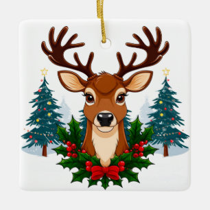 Weihnachtsrentierporträt mit Stechpalmenkranz Keramikornament