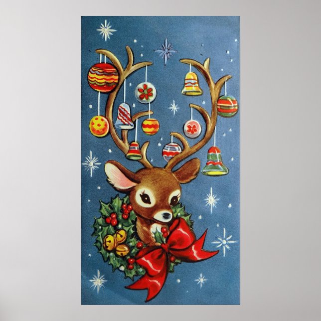Weihnachtsretro Rentiere Holiday Vintage Plakat (Vorne)
