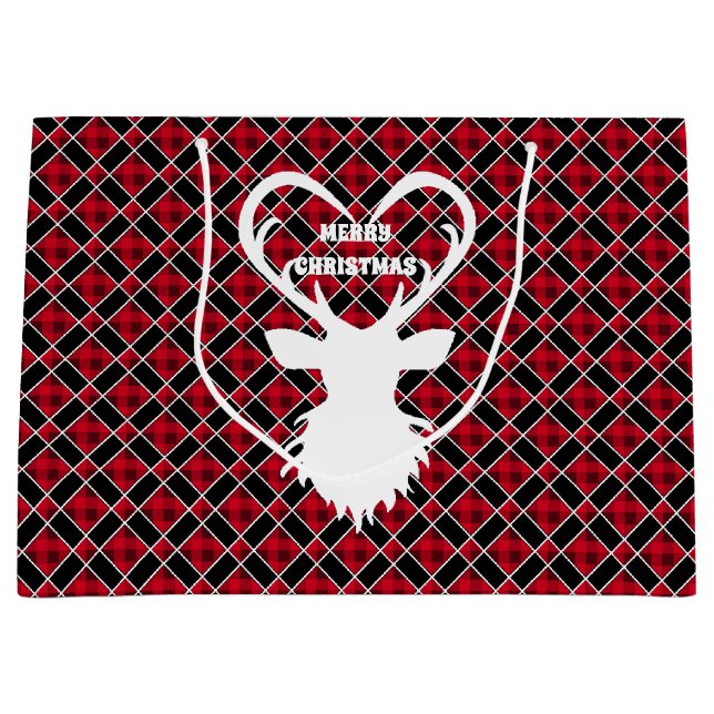Weihnachtsrinder auf schwarz & rot kariert große geschenktüte (Vorderseite)
