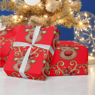 Weihnachtsrinder Gesicht Urlaubsmuster Rotes Gold Geschenkpapier
