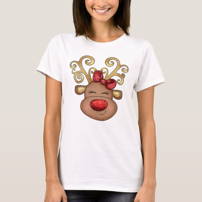 Weihnachtsrinder mit rotem Glitzer T-Shirt (Vorderseite)