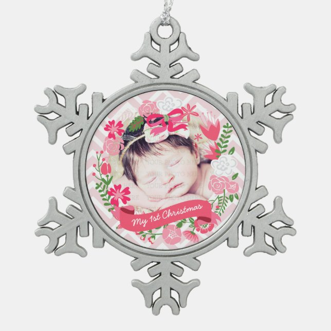 Weihnachtsrosa Blumenwreath-Foto personalisiert Schneeflocken Zinn-Ornament (Vorderseite)