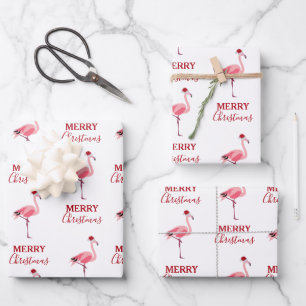 Weihnachtsrosa Flamingo Bird mit Weihnachtsmannmüt Geschenkpapier Set