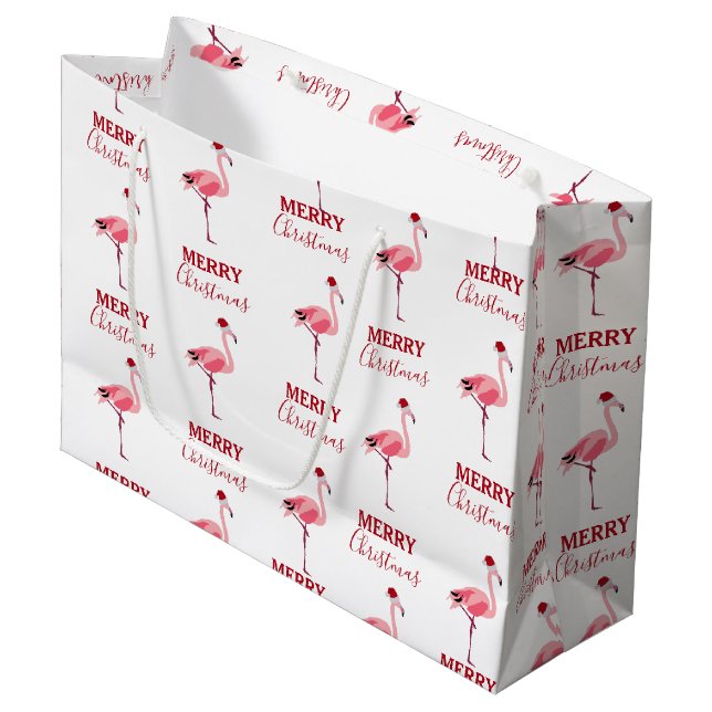 Weihnachtsrosa Flamingo Bird mit Weihnachtsmannmüt Große Geschenktüte (Vorderseite Schrägansicht)