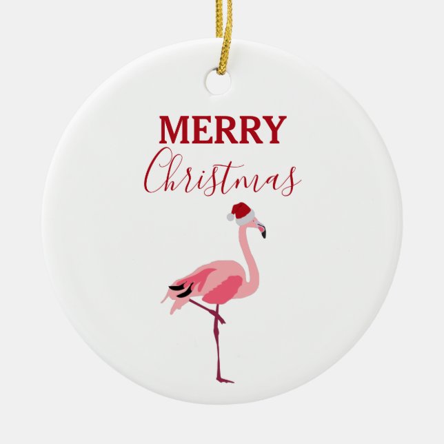 Weihnachtsrosa Flamingo Bird mit Weihnachtsmannmüt Keramik Ornament (Vorne)