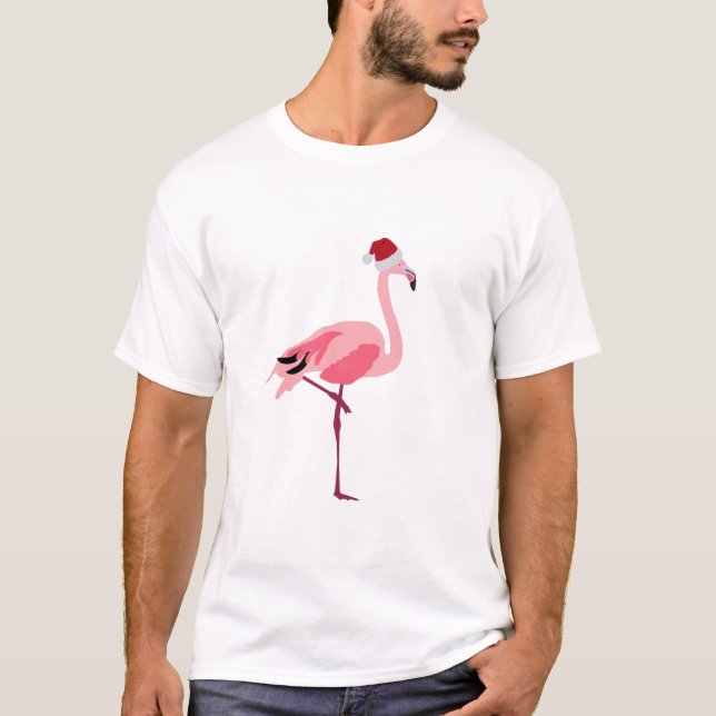 Weihnachtsrosa Flamingo Bird mit Weihnachtsmannmüt T-Shirt (Vorderseite)