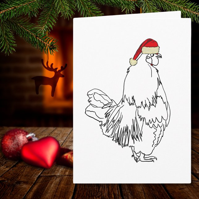 Weihnachtsroster Zeichne Funny Santa Cockerel Art Karte (Christmas rooster wearing a Santa hat simple chicken drawing holiday greetings card)