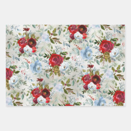 Weihnachtsrot & Dusty Blue Rose & Holly Geschenkpapier Set