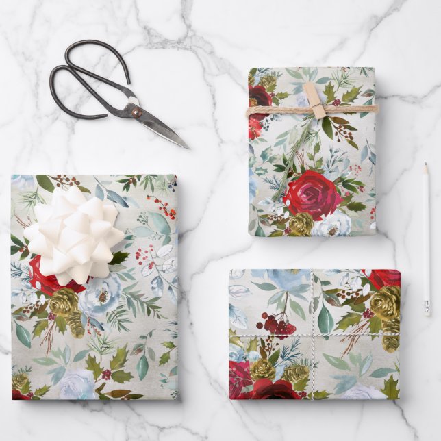 Weihnachtsrot & Dusty Blue Rose & Holly Geschenkpapier Set (Vorderseite)
