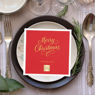 Weihnachtsrot goldenes Geschäft-Logo Serviette