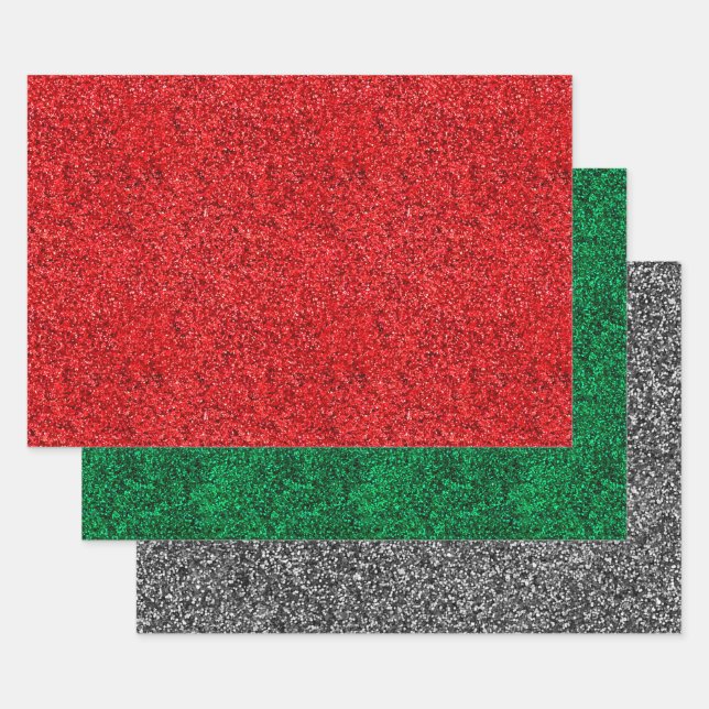 Weihnachtsrot, Grün & Silberne Imitat Glitzer Glos Geschenkpapier Set (Set)