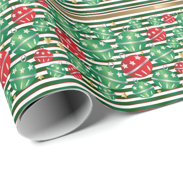 Weihnachtsrot & Grüne Streifen & Ornamente Geschenkpapier (Rolleneckpunkt)