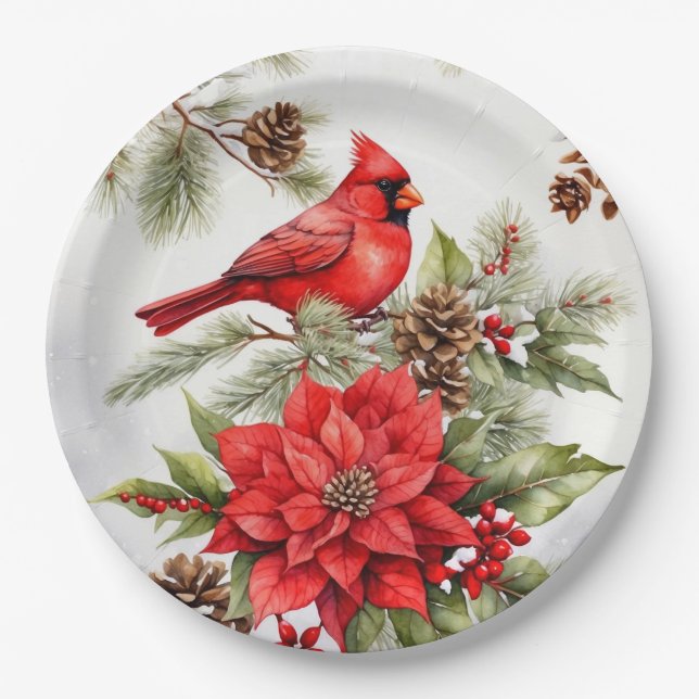 Weihnachtsrot - Kardinal und Poinsettia Pappteller (Vorderseite)