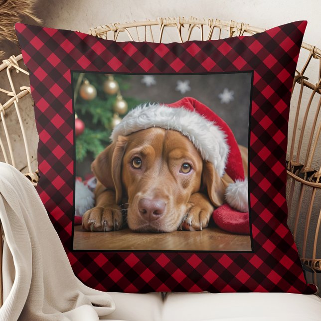 Weihnachtsrot Kariert Hund Personalisiertes Foto Kissen (Von Creator hochgeladen)