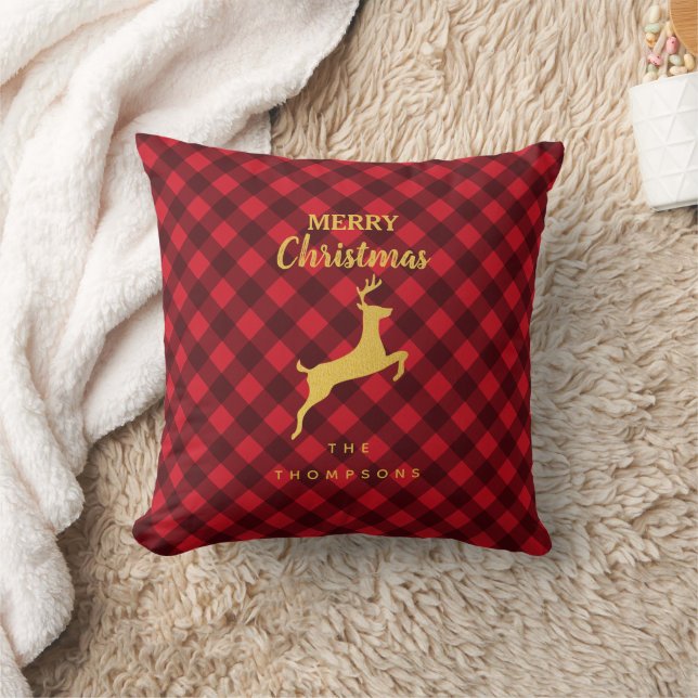 Weihnachtsrot & Schwarzer Buffalo Kariertes Hirsch Kissen (Decke)