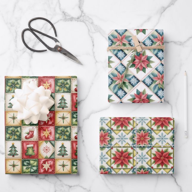 Weihnachtsrot und Grün Klassisches Patchwork-Muste Geschenkpapier Set (Vorderseite)