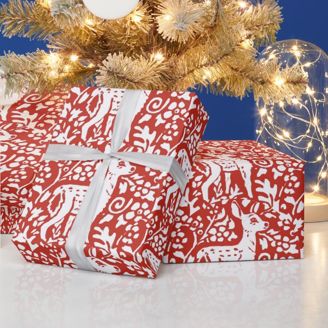 Weihnachtsrot Weißer Rentier Fawn Woodland Winter Geschenkpapier (Feiertage)