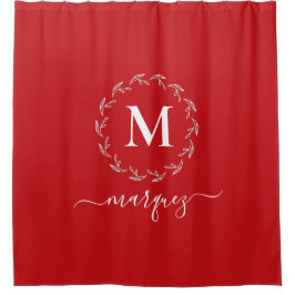 Weihnachtsrot | White Botanic Wreath Monogram Duschvorhang