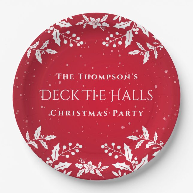 Weihnachtsrot. White Holly, Deck-the-Halls-Party Pappteller (Vorderseite)