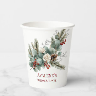 Weihnachtsrote Beeren Weiße Rosen Brautparty Pappbecher