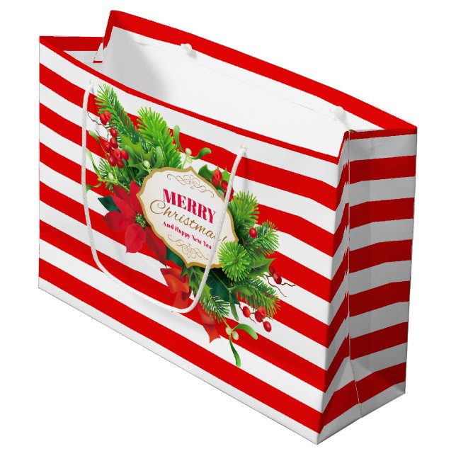 Weihnachtsrote gestreifte Geschenk-Tasche - groß Große Geschenktüte (Vorderseite Schrägansicht)