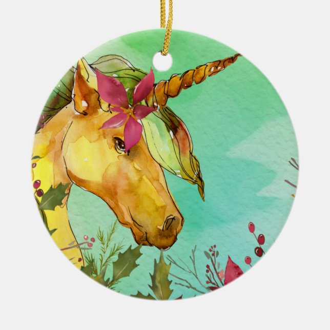 Weihnachtsrote Poinsettia-magisches goldenes Keramik Ornament (Vorne)