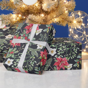 Weihnachtsrote Poinsettien Blumen und Beeren Geschenkpapier