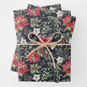 Weihnachtsrote Poinsettienblumen und Beeren  Geschenkpapier Set