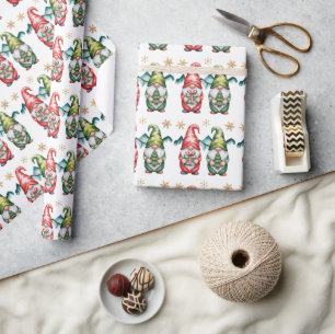 Weihnachtsrote und grüne Gnome mit goldenem Schnee Geschenkpapier