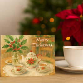 Weihnachtsrote Weihnachtspoinsettie-Teekanne  Postkarte