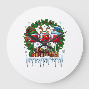 Weihnachtsrote Weingläser Stechpalmenkranz Schneem Große Wanduhr