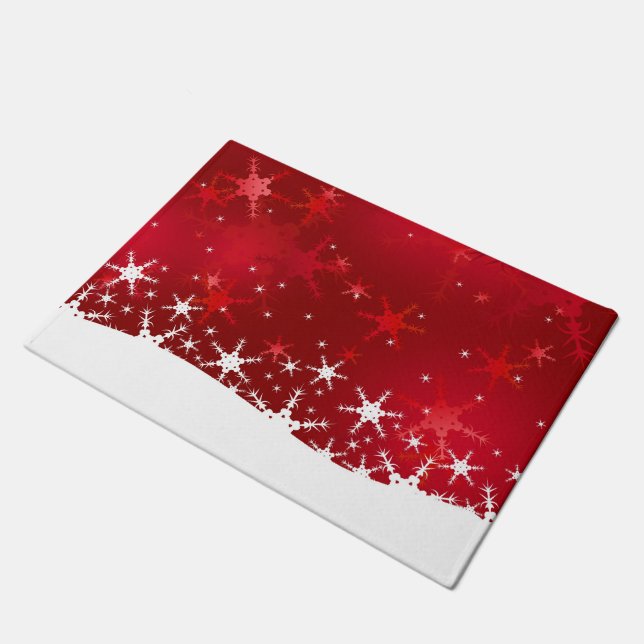 Weihnachtsrote Winter-Schneeflocken Fußmatte (Schrägansicht)