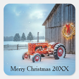 Weihnachtsroter Bauernhof-Traktor im Schnee Quadratischer Aufkleber